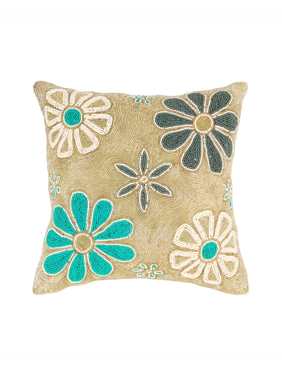 

YWULY Green & Beige Floral Embellished Square Cushion Cover