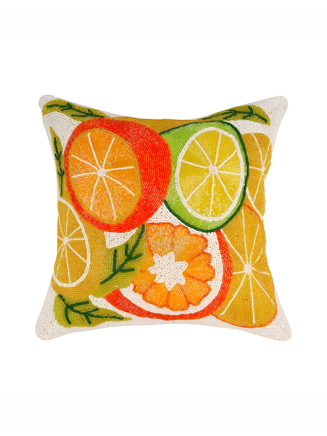

YWULY Yellow & Orange Floral Embellished Square Cushion Cover