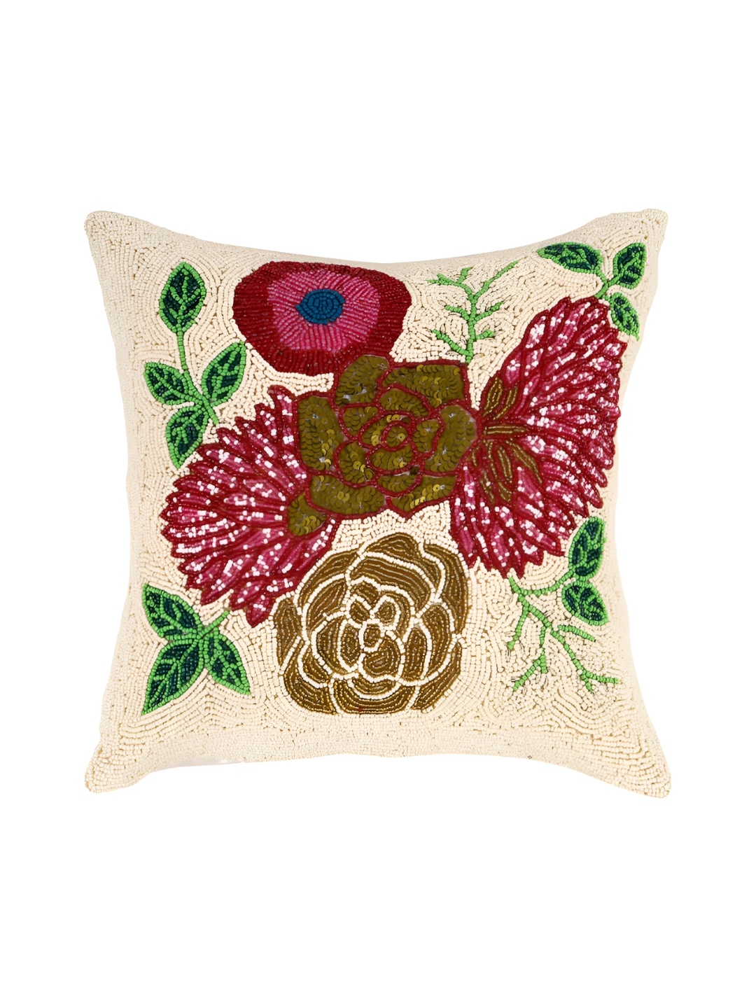 

YWULY White & Red Floral Embellished Square Cushion Cover