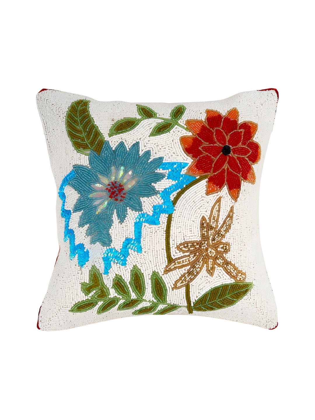 

YWULY White & Blue Floral Embellished Square Cushion Cover