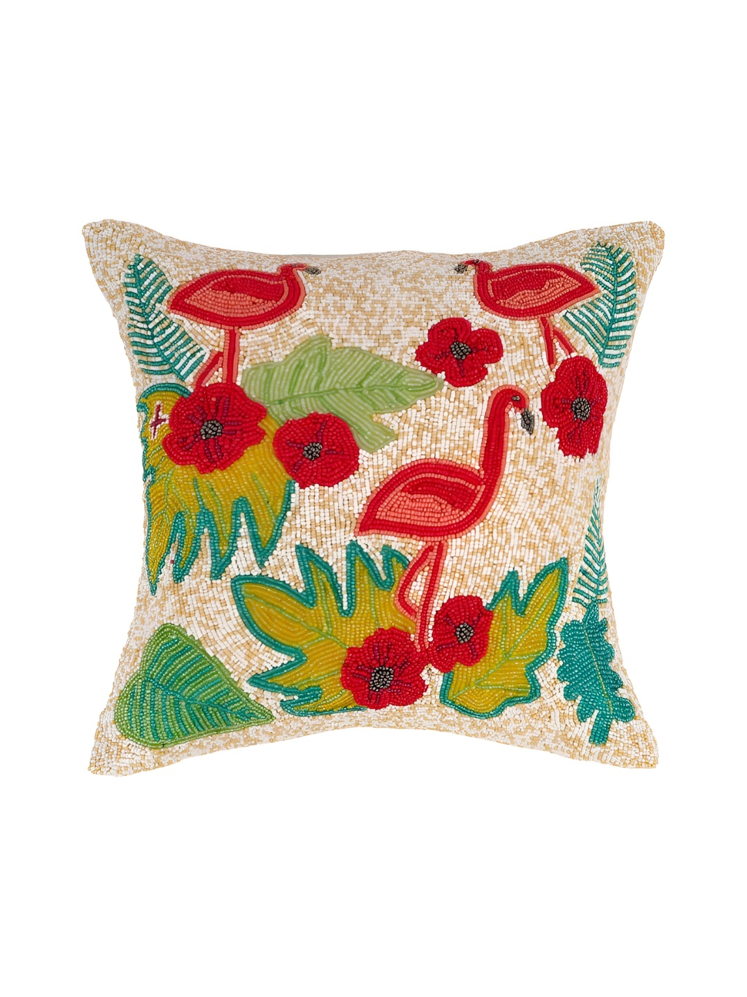 

YWULY White & Red Floral Embellished Square Cushion Cover