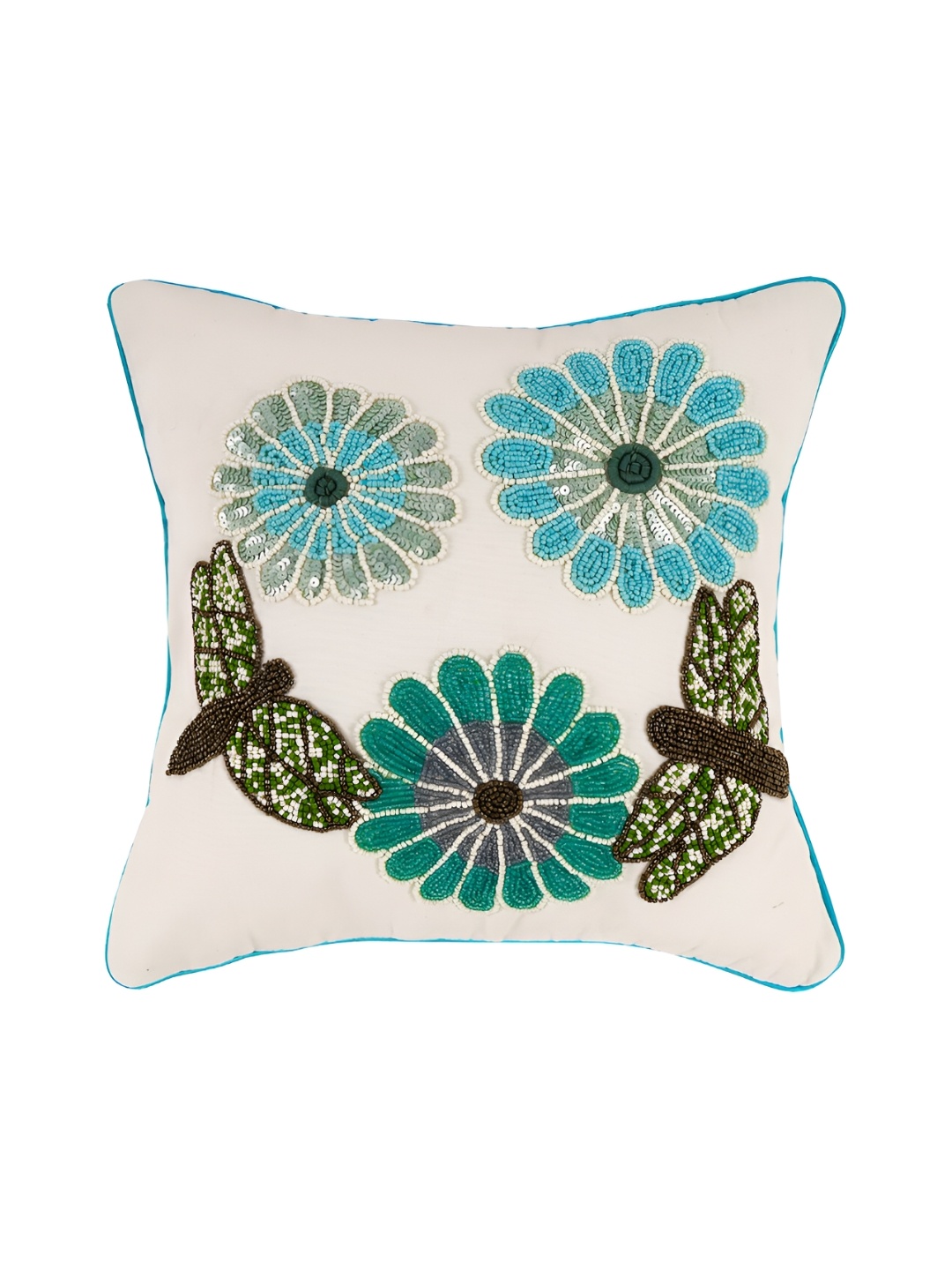 

YWULY White & Blue Floral Embellished Square Cushion Cover