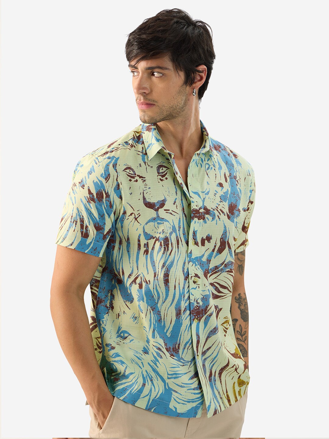 The Souled Store Printed Spread Collar Casual Shirt, Off white