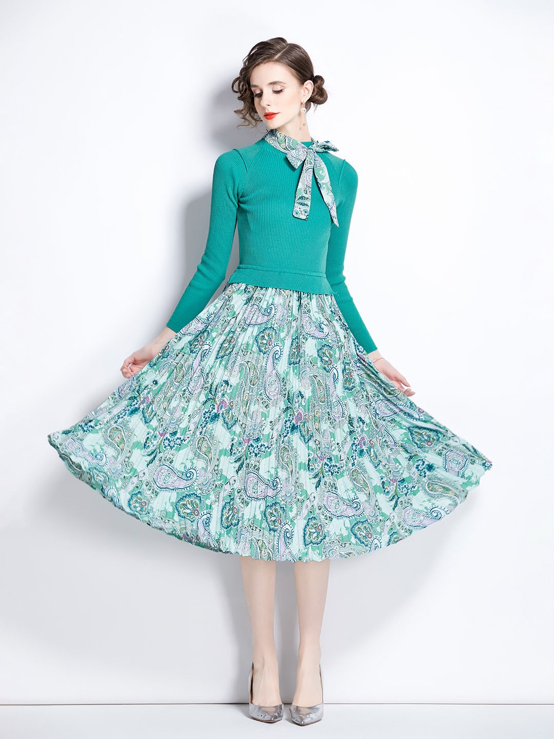

JC Collection Floral Printed Tie-Up Neck Pleated Detail Fit & Flare Midi Dress, Green
