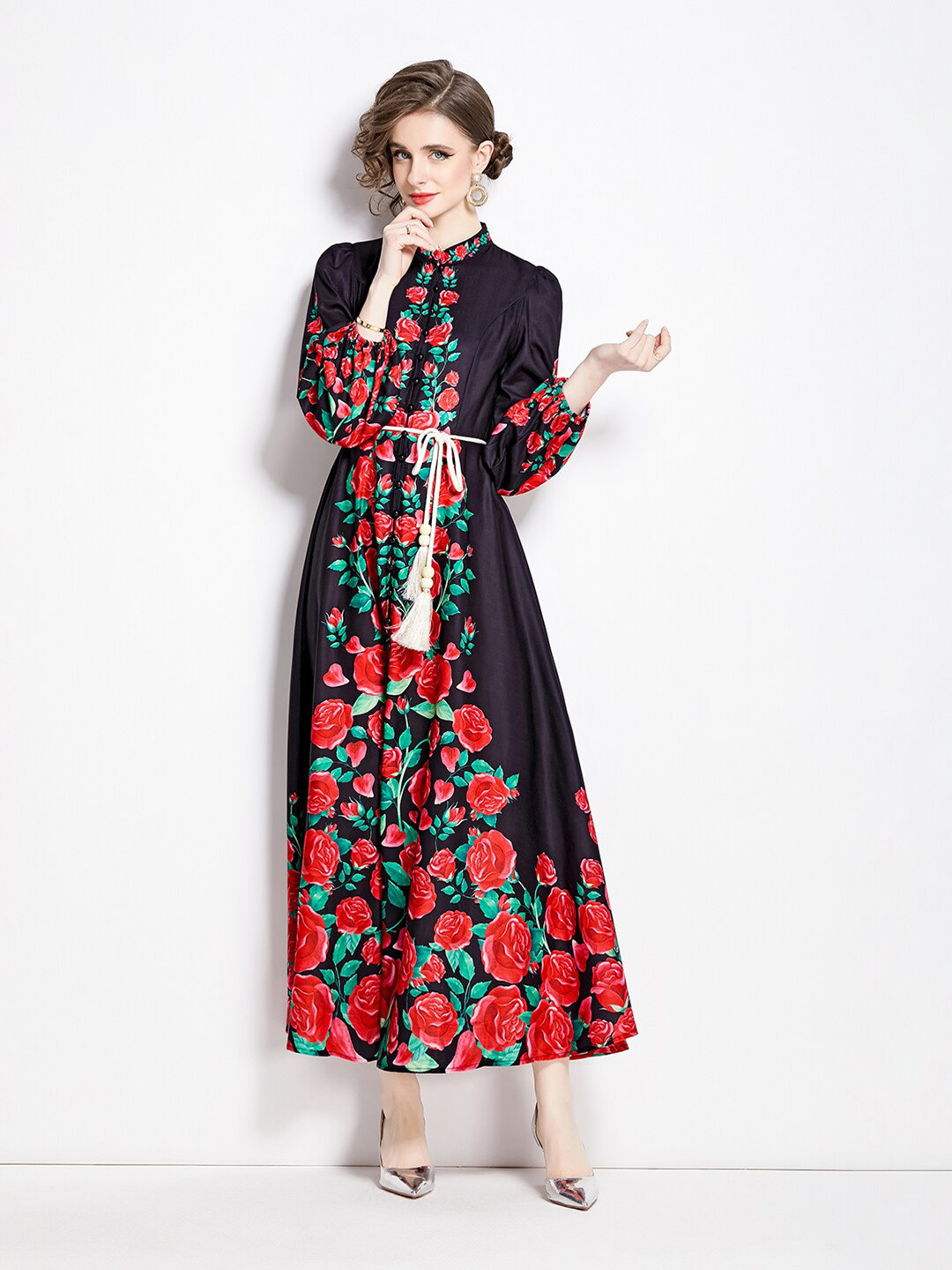 

JC Collection Floral Printed Puff Sleeves Maxi Dress, Black