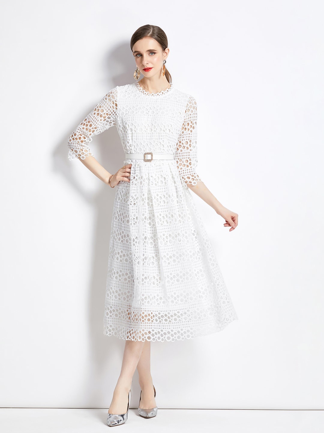 

JC Collection Self Design Fit & Flare Midi Dress, White