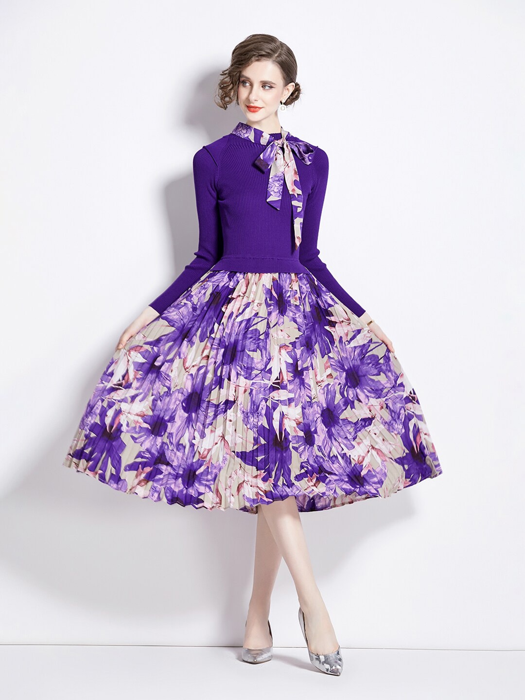 

JC Collection Floral Printed Tie-Up Neck Fit & Flare Dress, Purple
