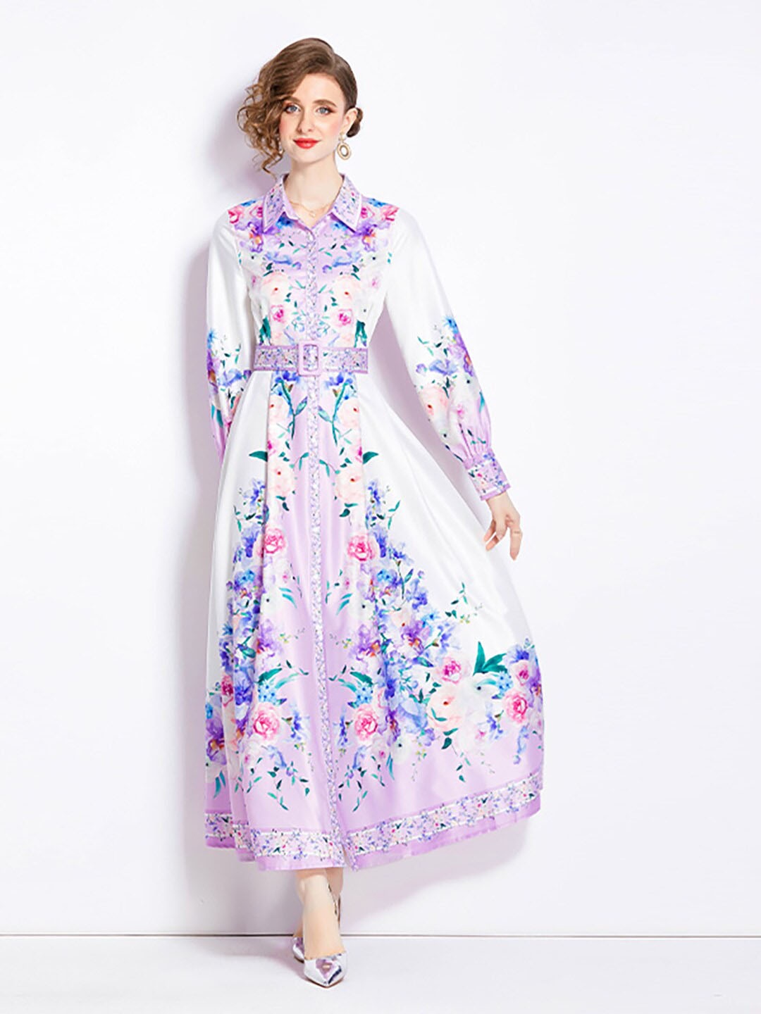

JC Collection Floral Printed Shirt Collar Cuffed Sleeves Maxi Dress, Purple