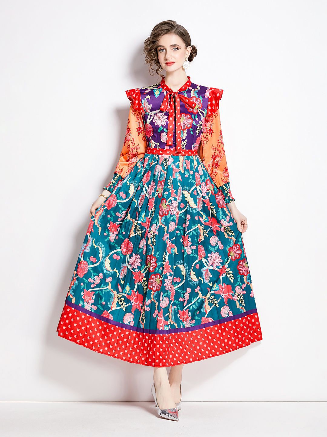 

JC Collection Floral Printed Tie-Up Neck Maxi Dress, Blue