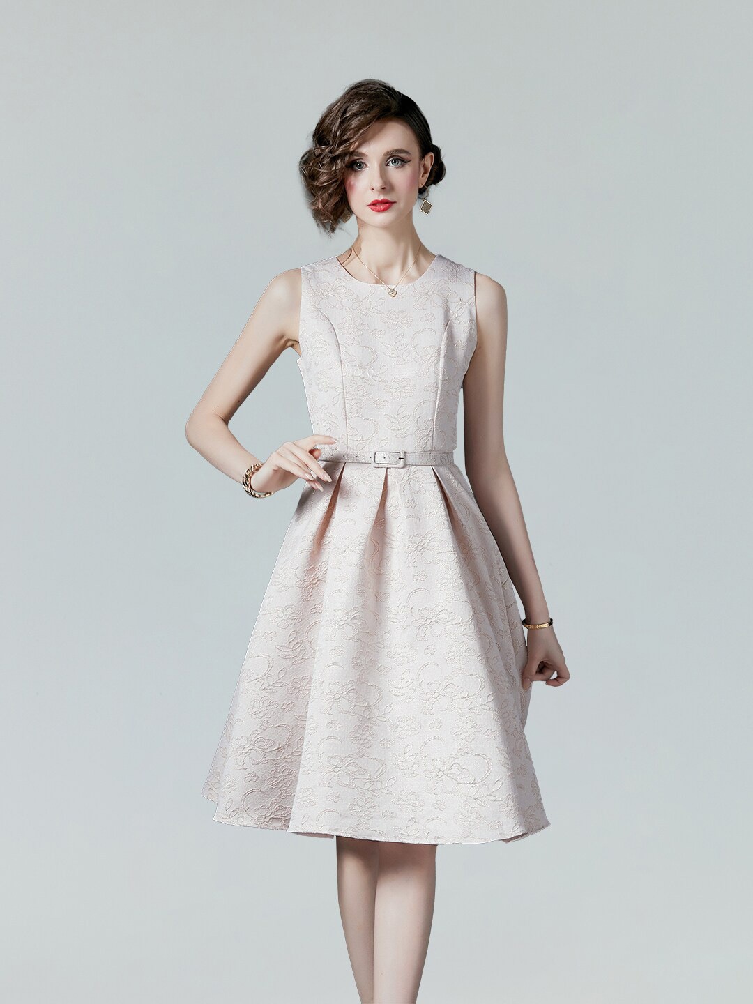 

JC Collection Self Design Round Neck Fit & Flare Dress, Peach