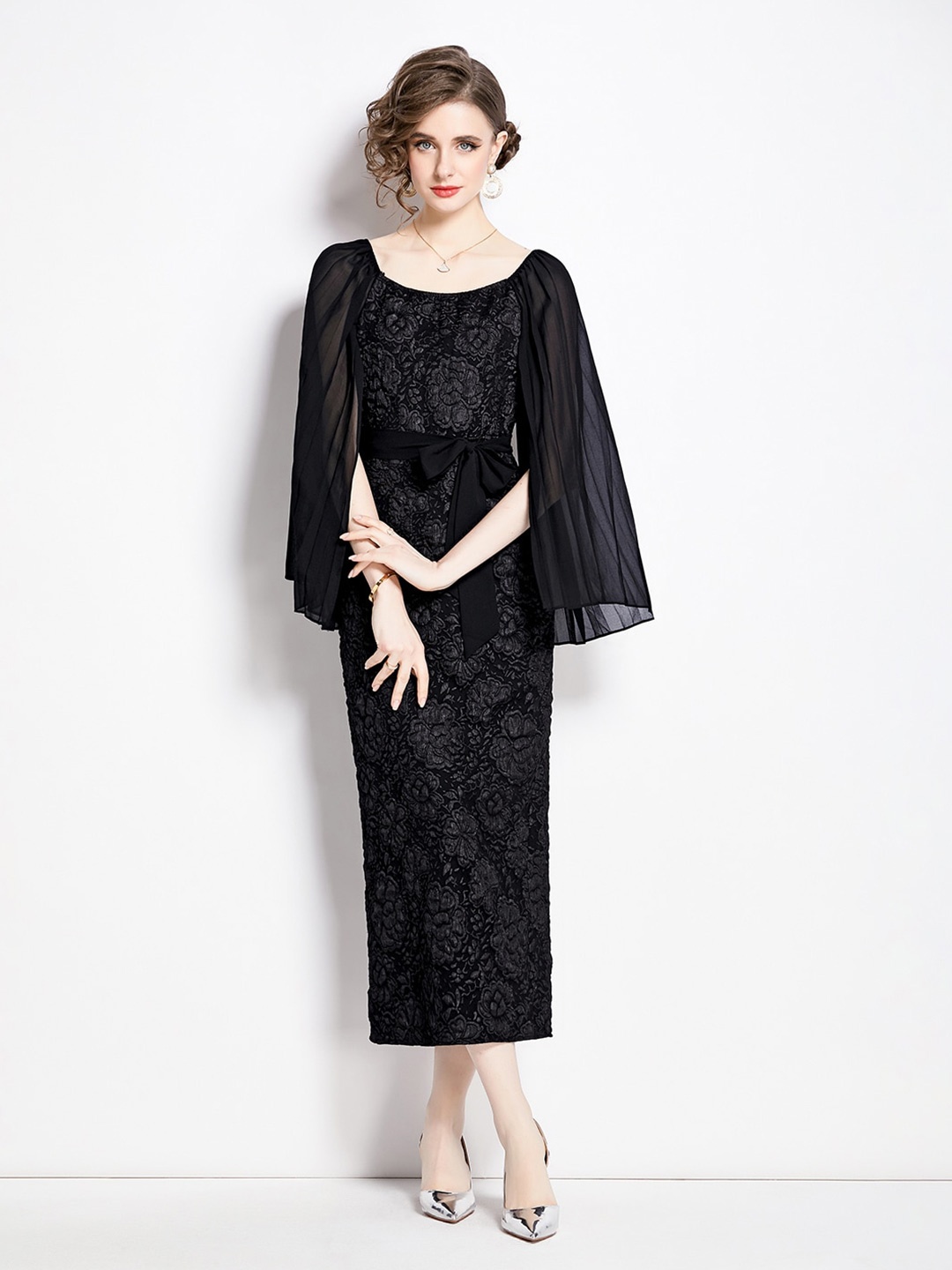 

JC Collection Self Design Flared Sleeve Midi Dress, Black