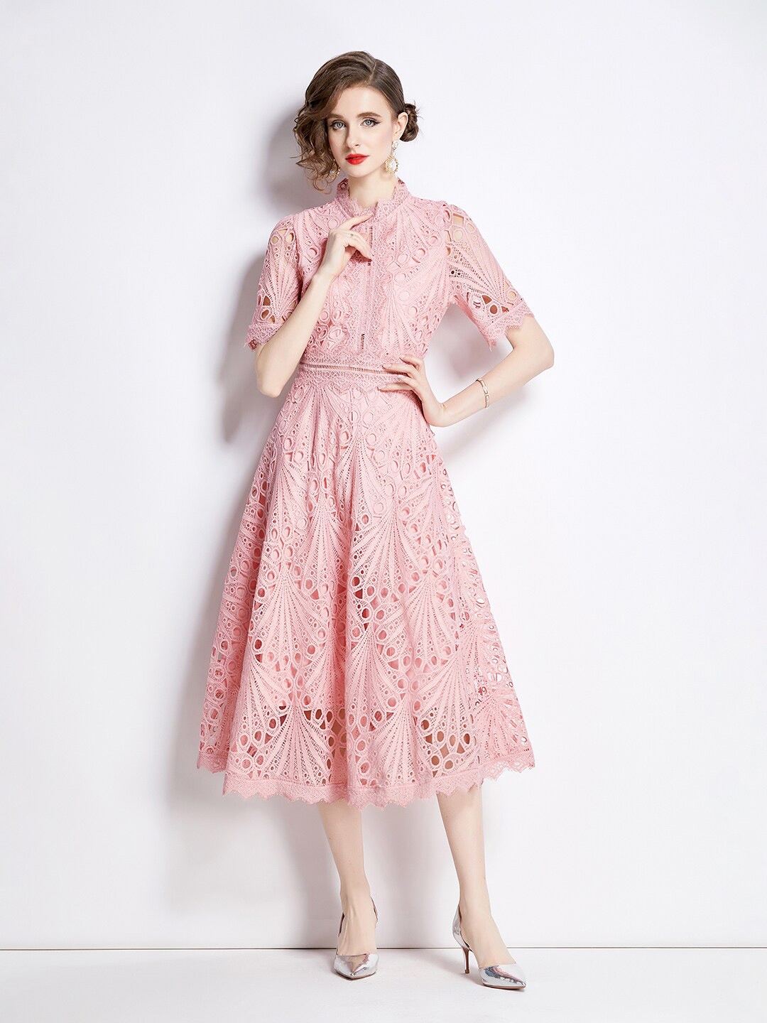 

JC Collection Self Design Shirt Collar Flared Sleeve Fit & Flare Midi Dress, Pink