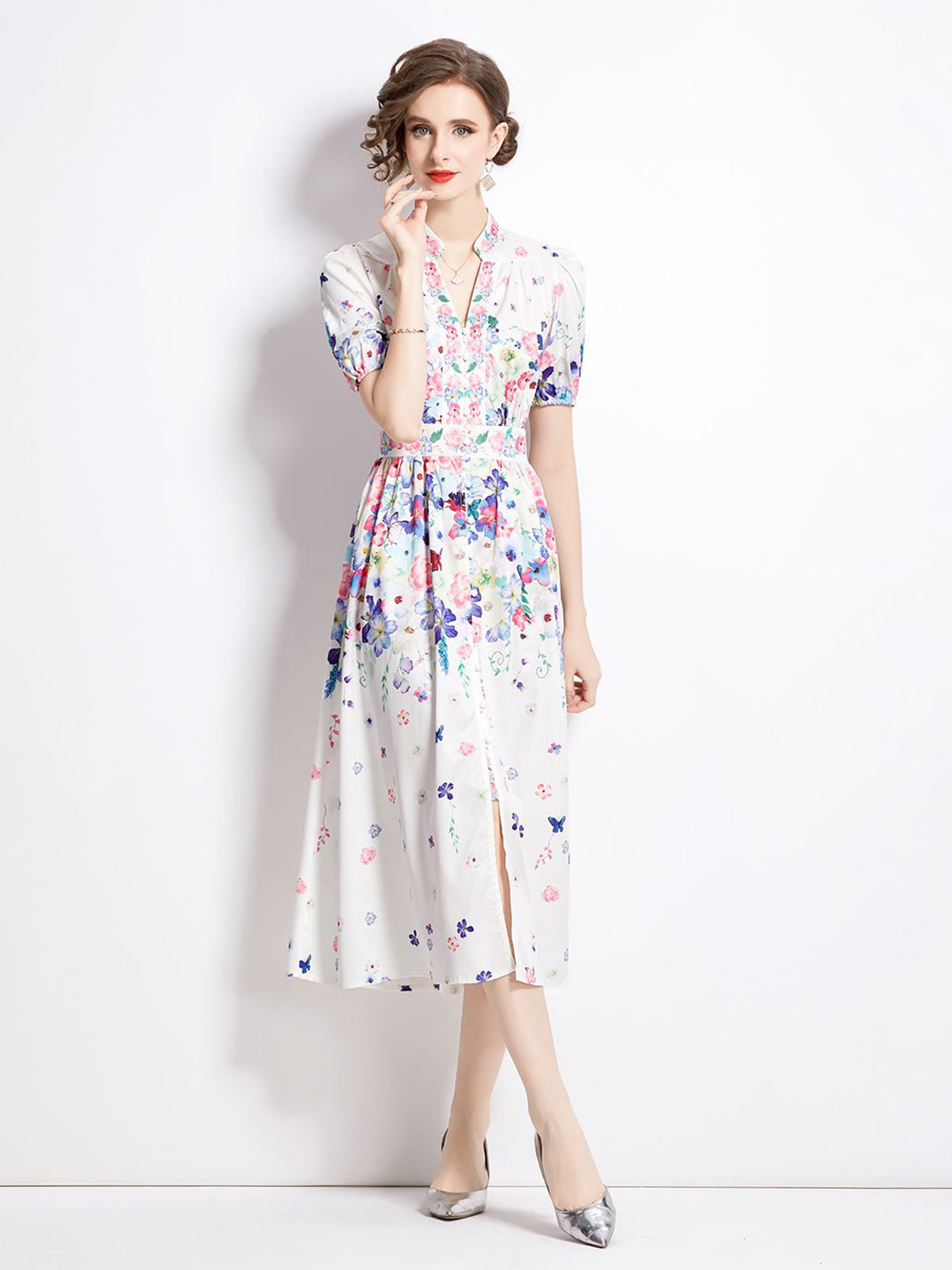

JC Collection Floral Printed Mandarin Collar Fit & Flare Midi Dress, White
