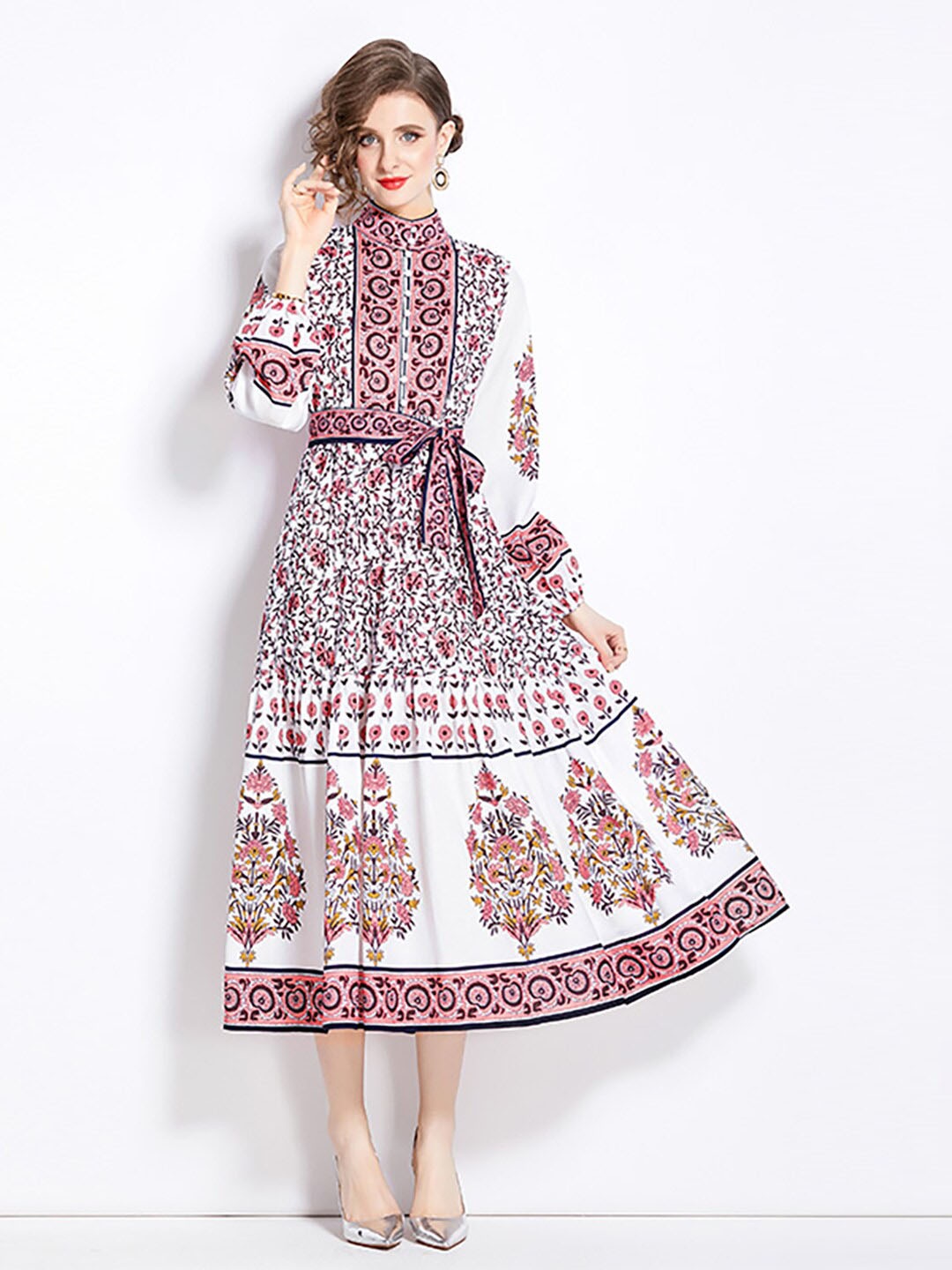 

JC Collection Ethnic Motifs Printed A-Line Midi Dress, Red