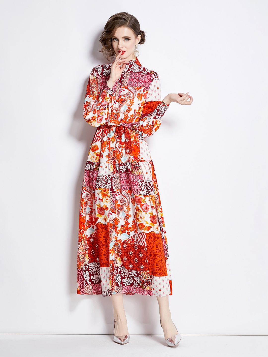 

JC Collection Floral Printed Mandarin Collar Shirt Maxi Dress, Red