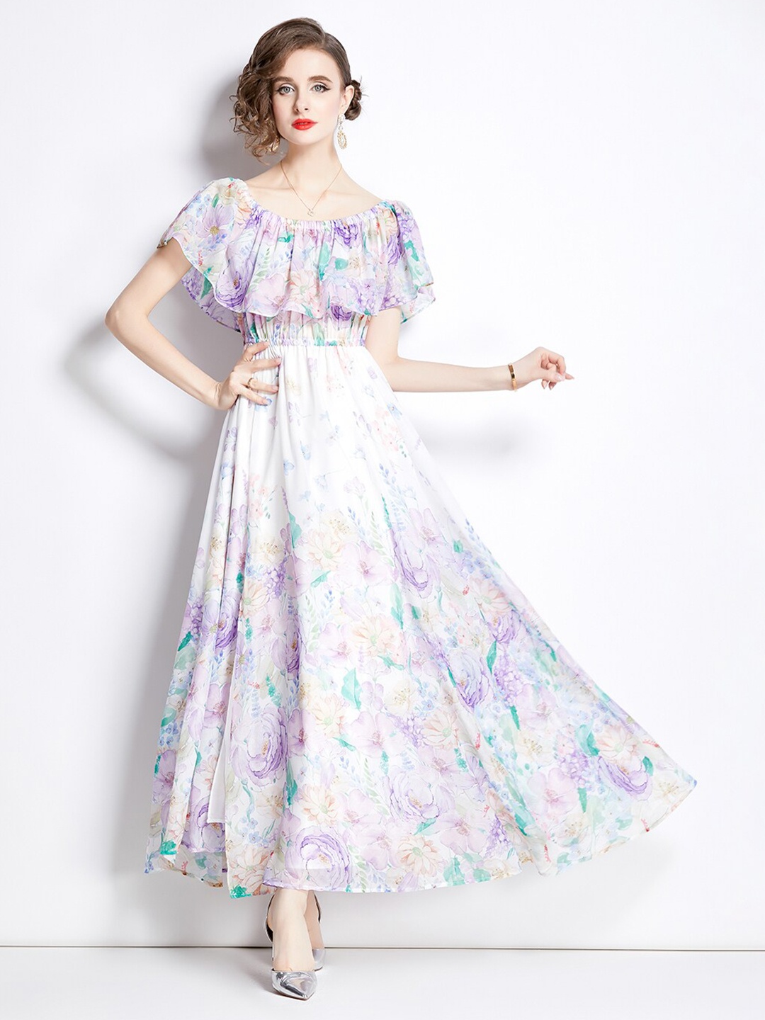 

JC Collection Floral Printed Flared Sleeves Fit and Flare Maxi Dress, Purple