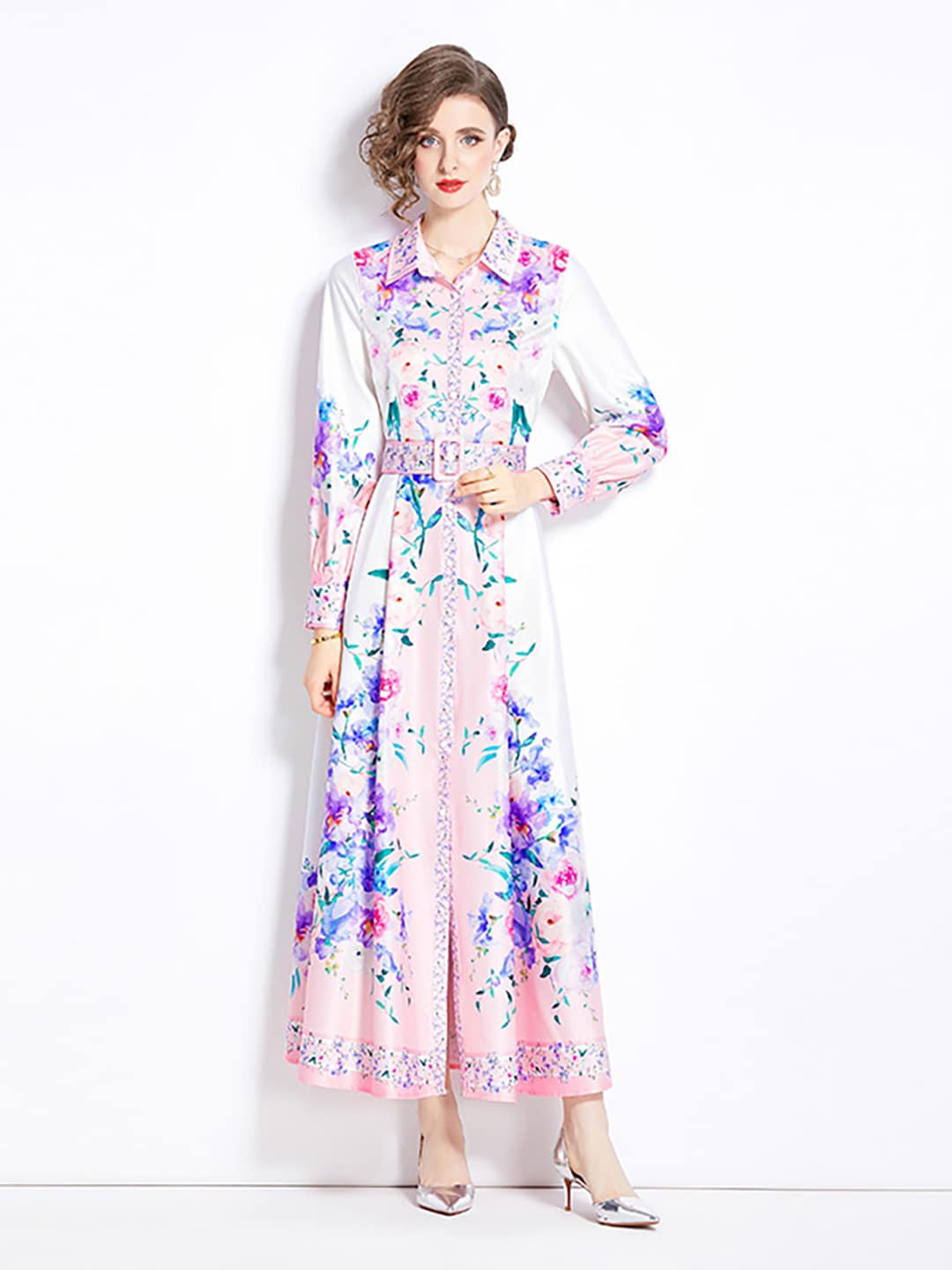 

JC Collection Floral Printed Shirt Collar Cuffed Sleeves Maxi Dress, Pink