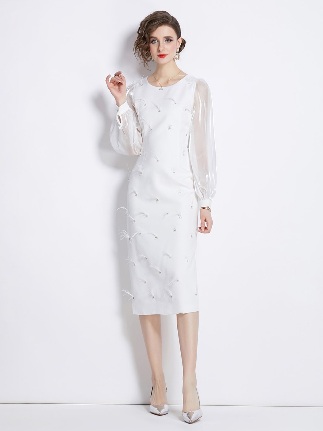 

JC Collection Embellished Cuffed Sleeves Sheath Midi Dress, White