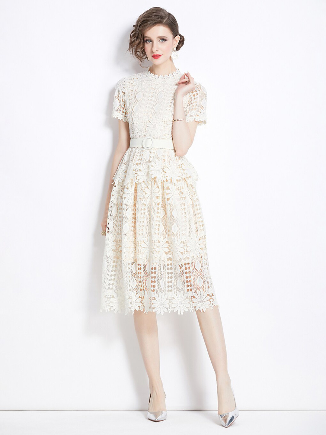 

JC Collection Self Design Fit & Flare Midi Dress, Beige