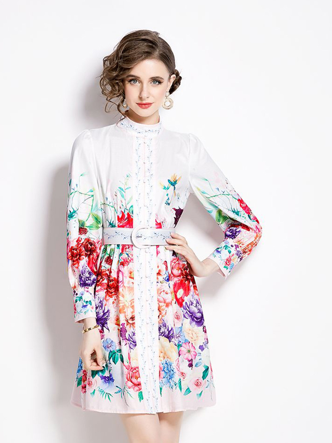

JC Collection Floral Printed Mandarin Collar Cuffed Sleeves Fit & Flare Dress, White