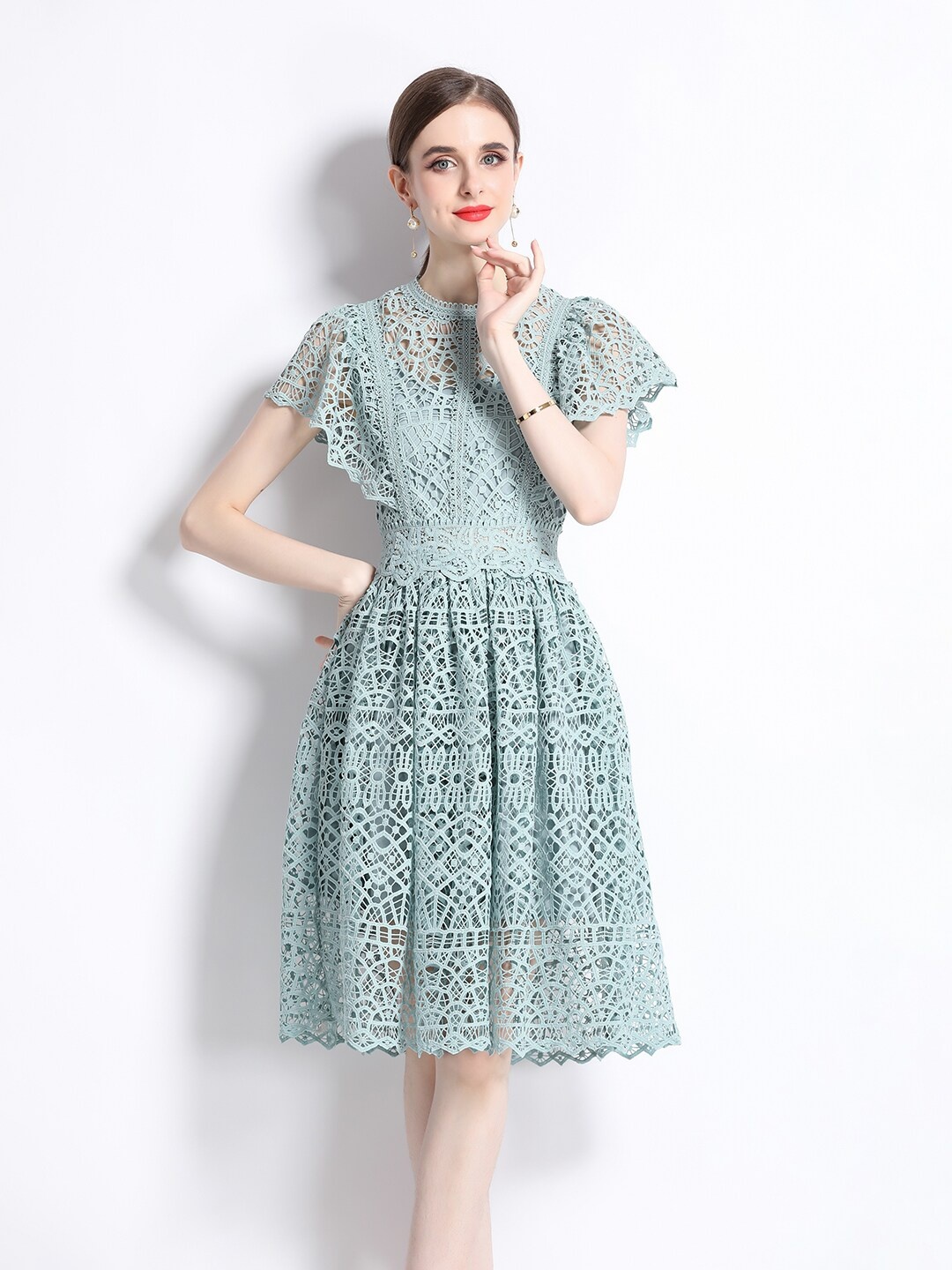 

JC Collection Self Design Mandarin Collar Fit & Flare Dress, Green
