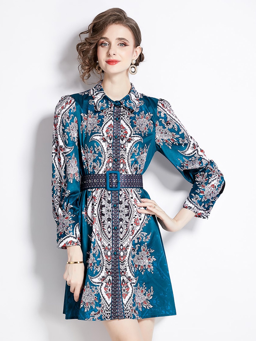 

JC Collection Ethnic Motifs Printed Shirt Dress, Blue