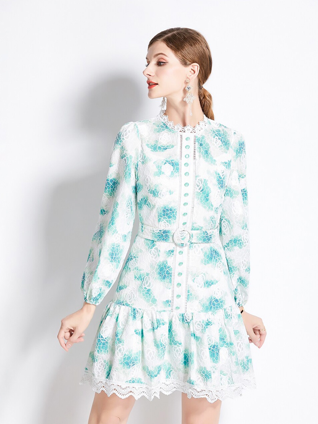 

JC Collection Floral Printed Mandarin Collar Cuffed Sleeves Belted & Tiered A-Line Dress, Blue