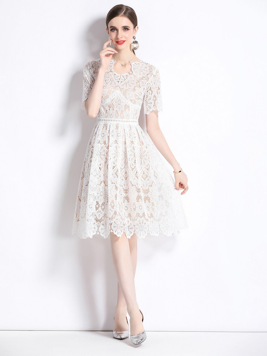 

JC Collection Self design Fit & Flare Knee Length Dress, White