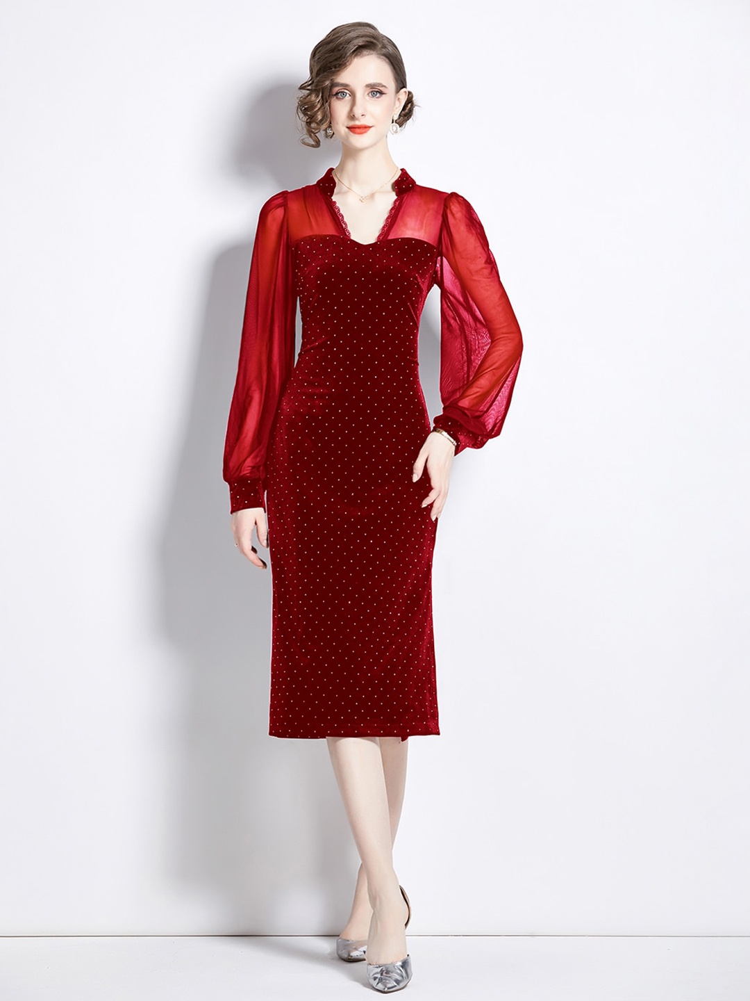 

JC Collection Polka Dot Printed Puff Sleeves Sheath Midi Dress, Red