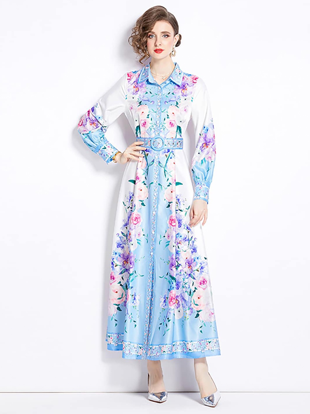 

JC Collection Floral Printed Shirt Collar Cuffed Sleeves Maxi Dress, Blue