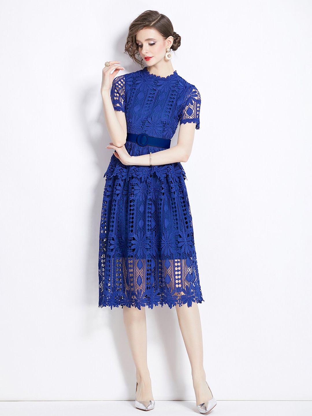 

JC Collection Self Design High Neck Fit & Flare Dress, Blue