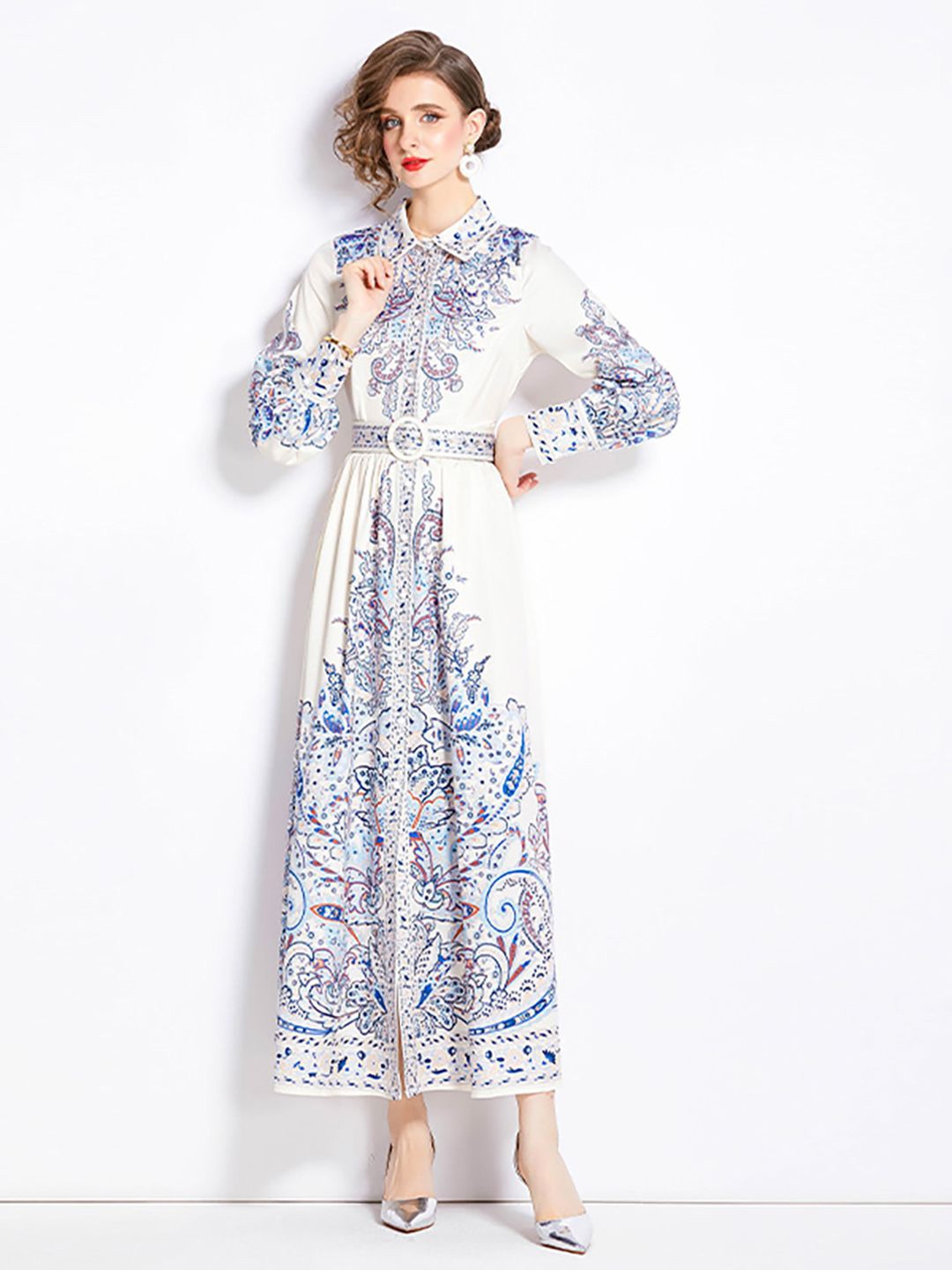 

JC Collection Ethnic Motifs Printed Long Sleeve Midi Dress, White