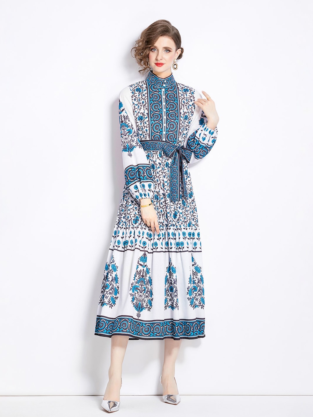 

JC Collection Ethnic Motifs Printed High Neck Cuffed Sleeves Tie-Ups A-Line Midi Dress, Blue