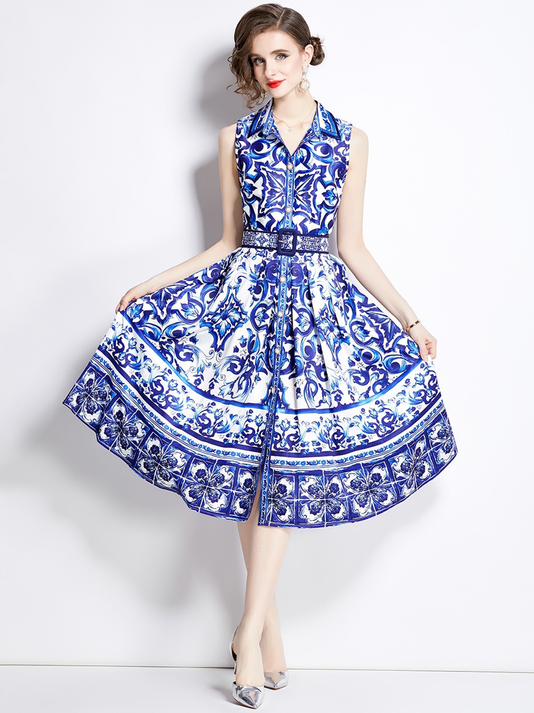 

JC Collection Ethnic Motifs Printed Shirt Collar Fit & Flare Midi Dress, Blue