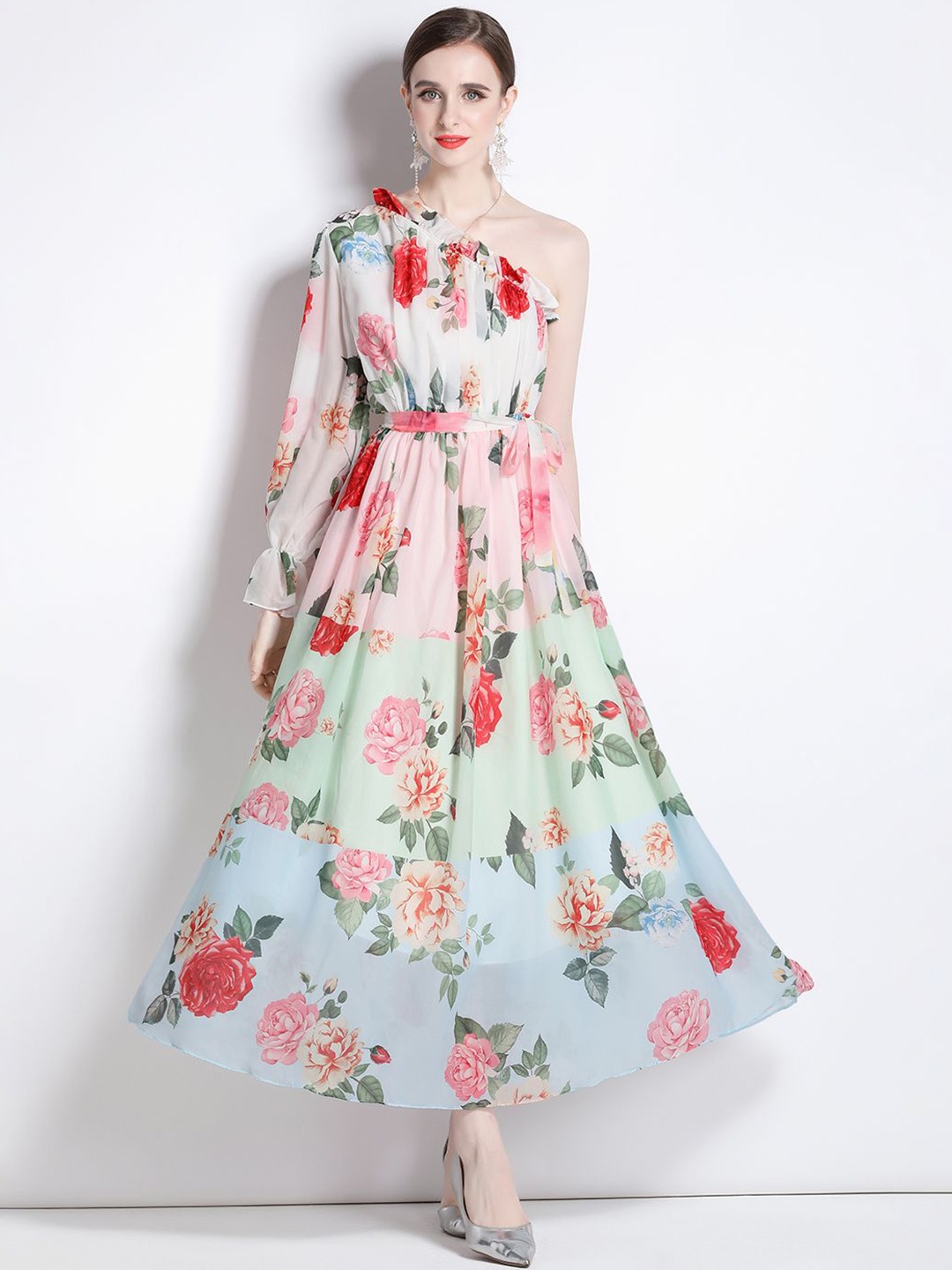 

JC Collection Floral Printed One Shoulder Fit & Flare Maxi Dress, White