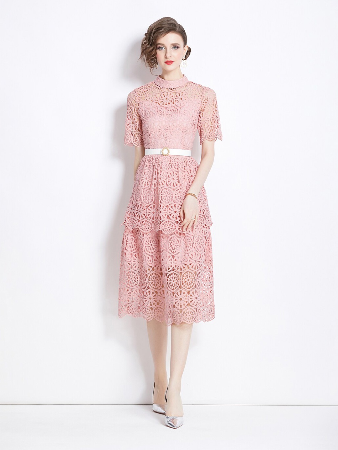 

JC Collection Floral Self Design High Neck Layered & Schiffli Detail A-Line Midi Dress, Pink