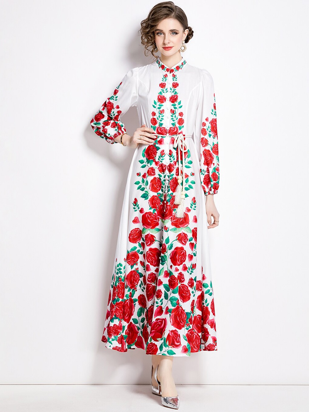 

JC Collection Floral Printed Mandarin Collar Maxi Dress, White