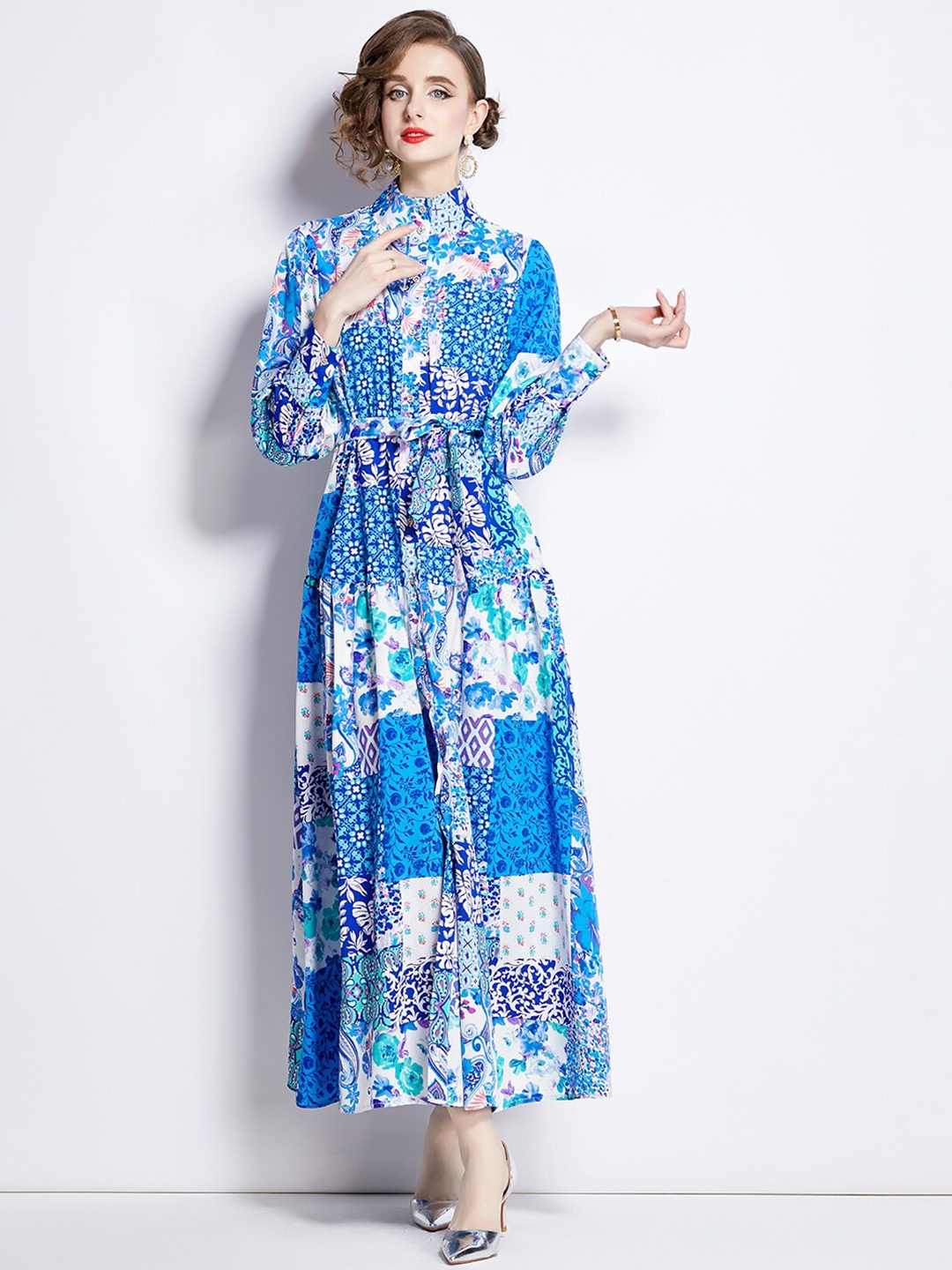 

JC Collection Floral Printed Mandarin Collar Cuffed Sleeves Maxi Dress, Blue