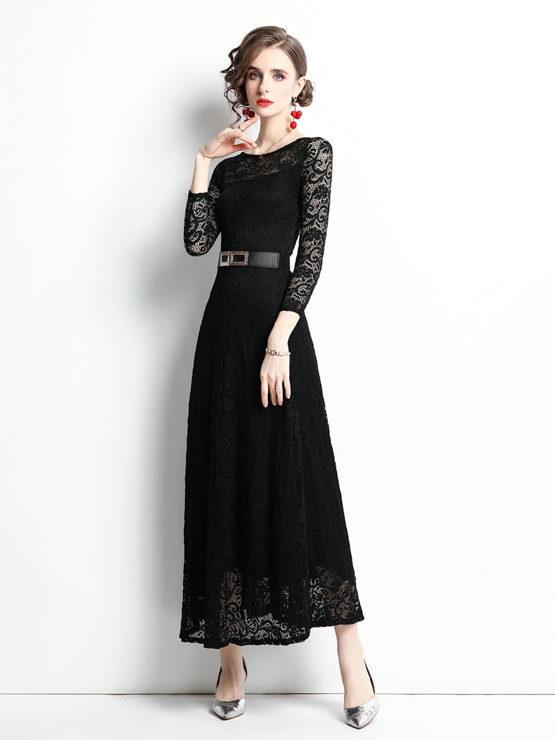 

JC Collection Self Design Boat Neck Belted Detail Maxi Dress, Black