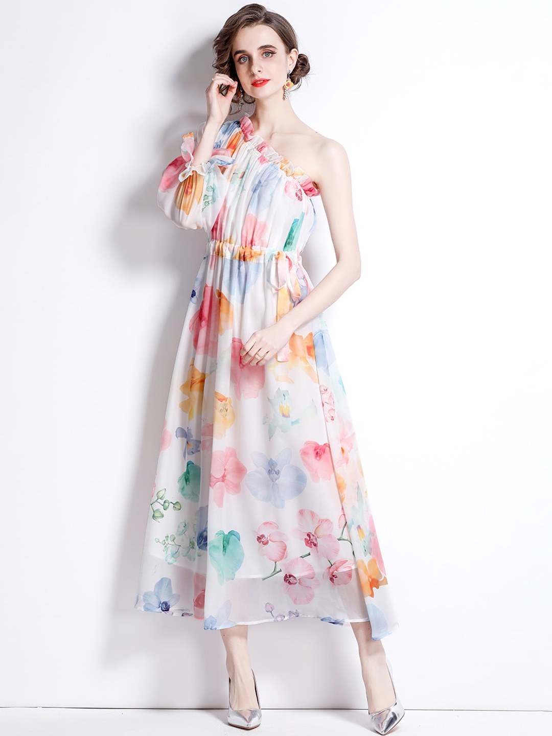 

JC Collection Floral Printed One Shoulder Puff Sleeves Maxi Dress, White