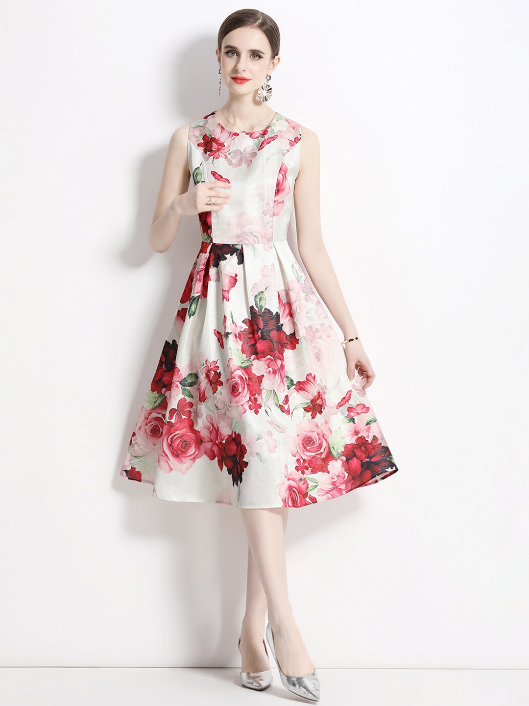 

JC Collection Floral Printed Round Neck Fit & Flare Dress, White
