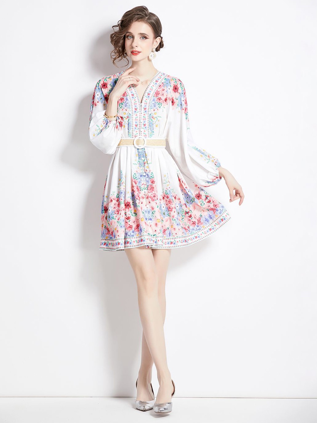 

JC Collection Floral Printed V-Neck Fit & Flare Mini Dress, White