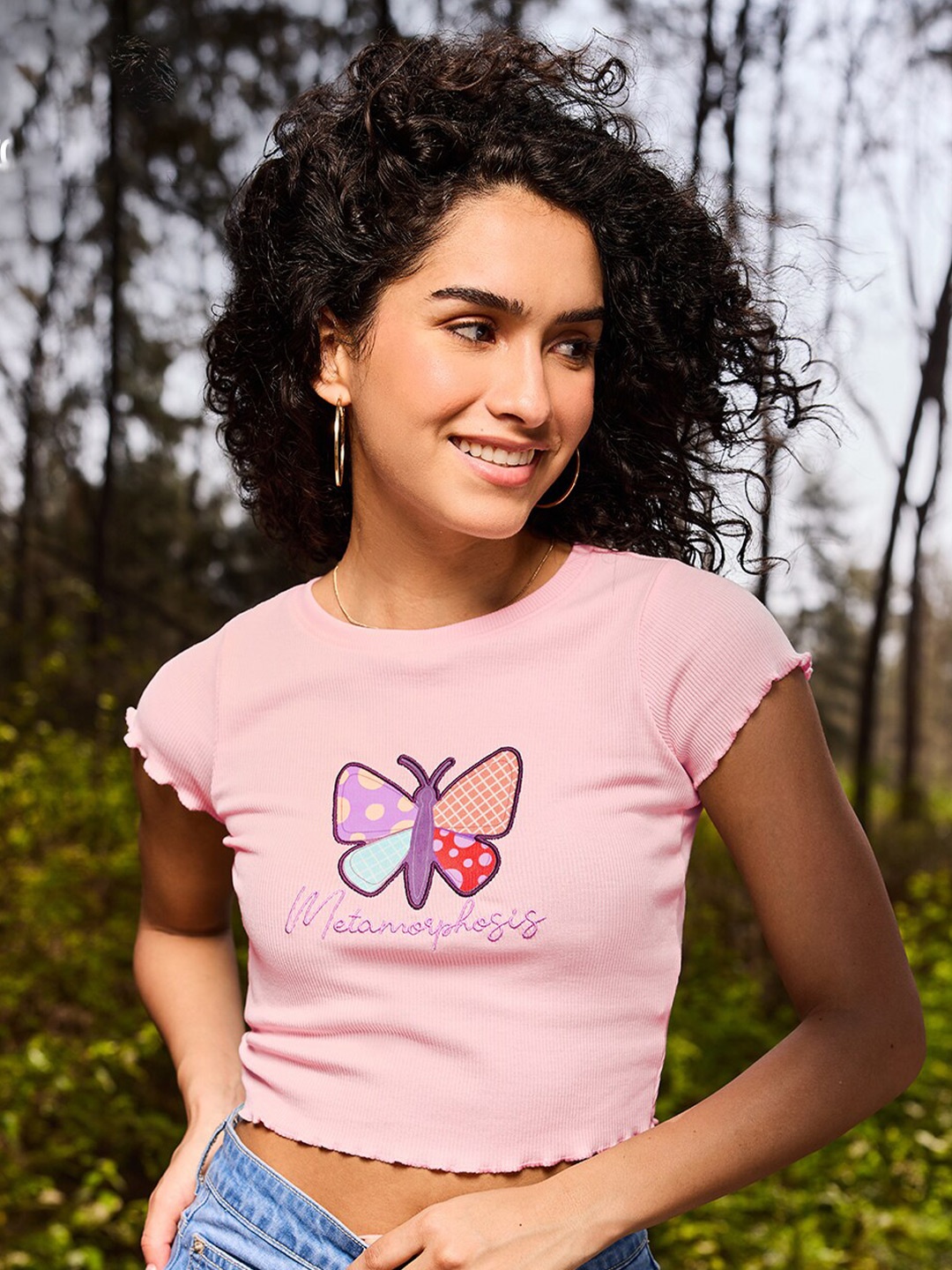 

The Souled Store Applique Typography Printed Crop Top, Pink