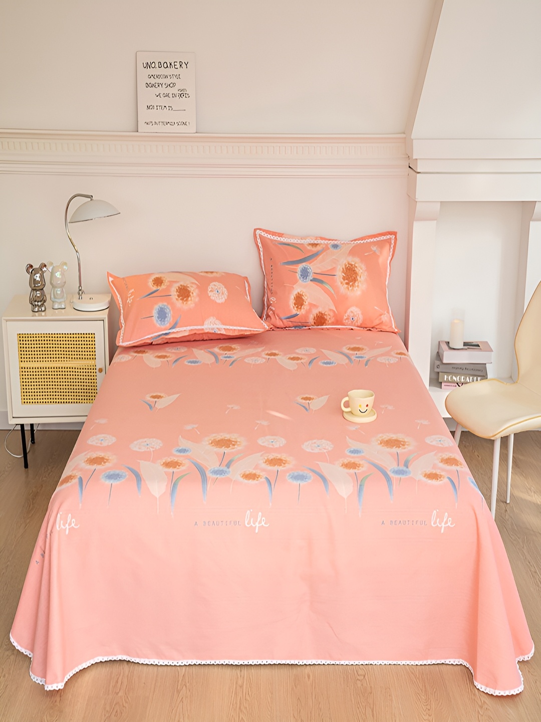 

JC HOME Orange & Blue Floral 160 TC King Bedsheet with 2 Pillow Covers