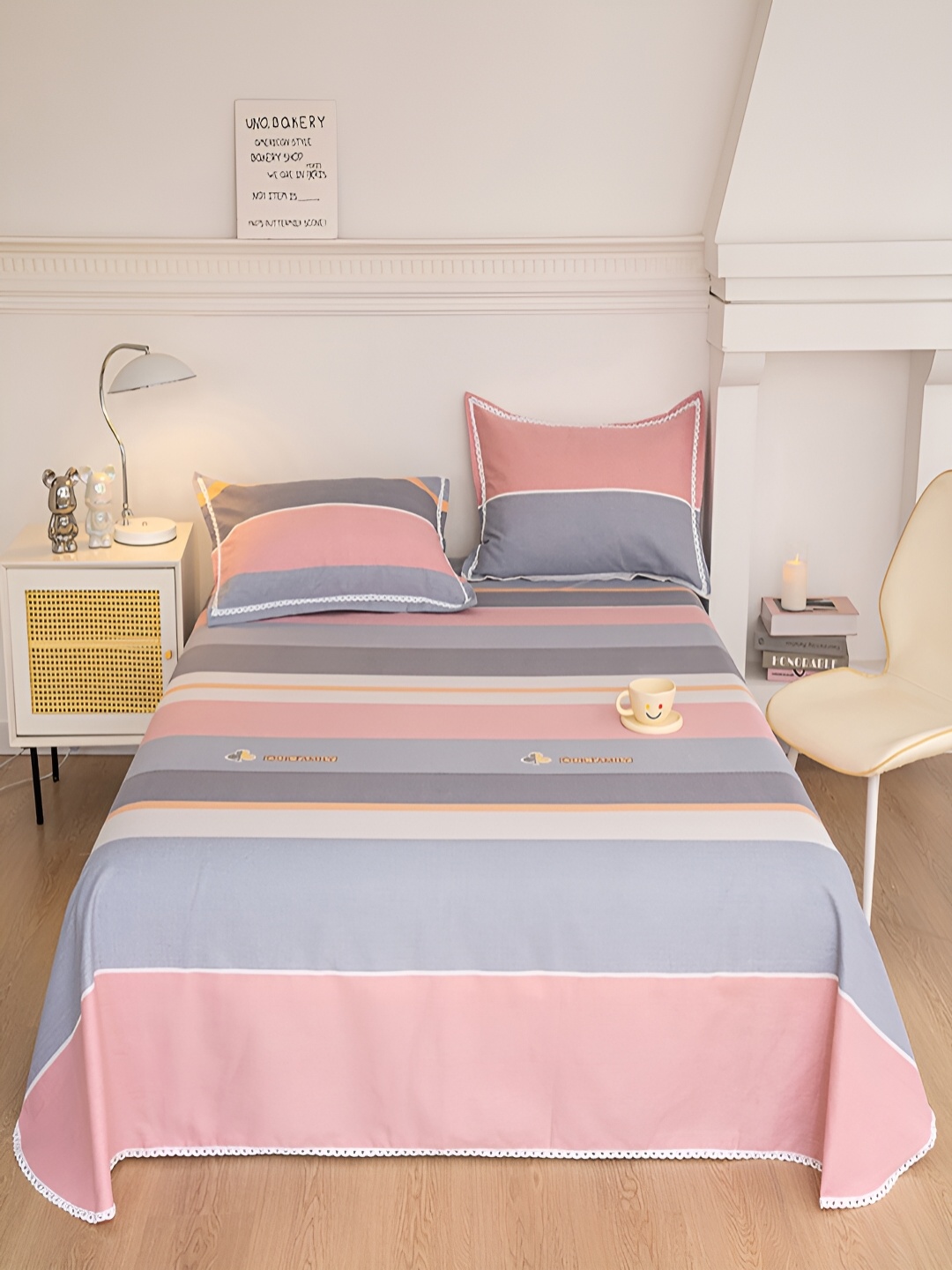 

JC HOME Pink & Grey Striped 160 TC King Bedsheet with 2 Pillow Covers