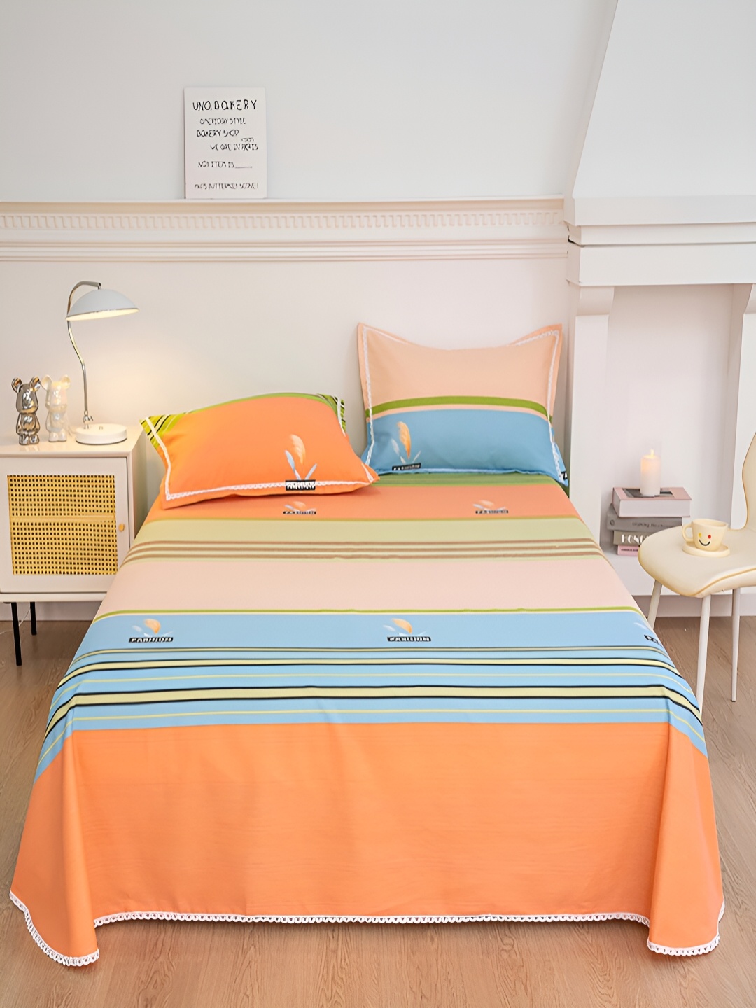 

JC HOME Orange & Blue Striped 160 TC Queen Bedsheet with 2 Pillow Covers