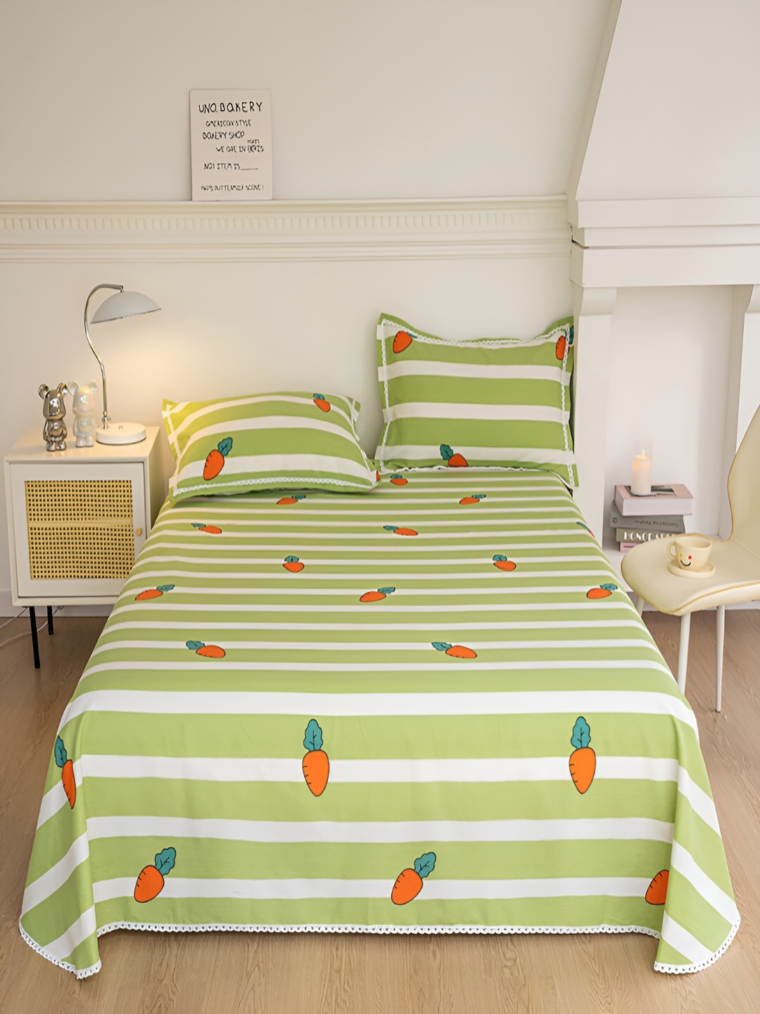 

JC HOME Green & White Striped 160 TC Queen Bedsheet with 2 Pillow Covers