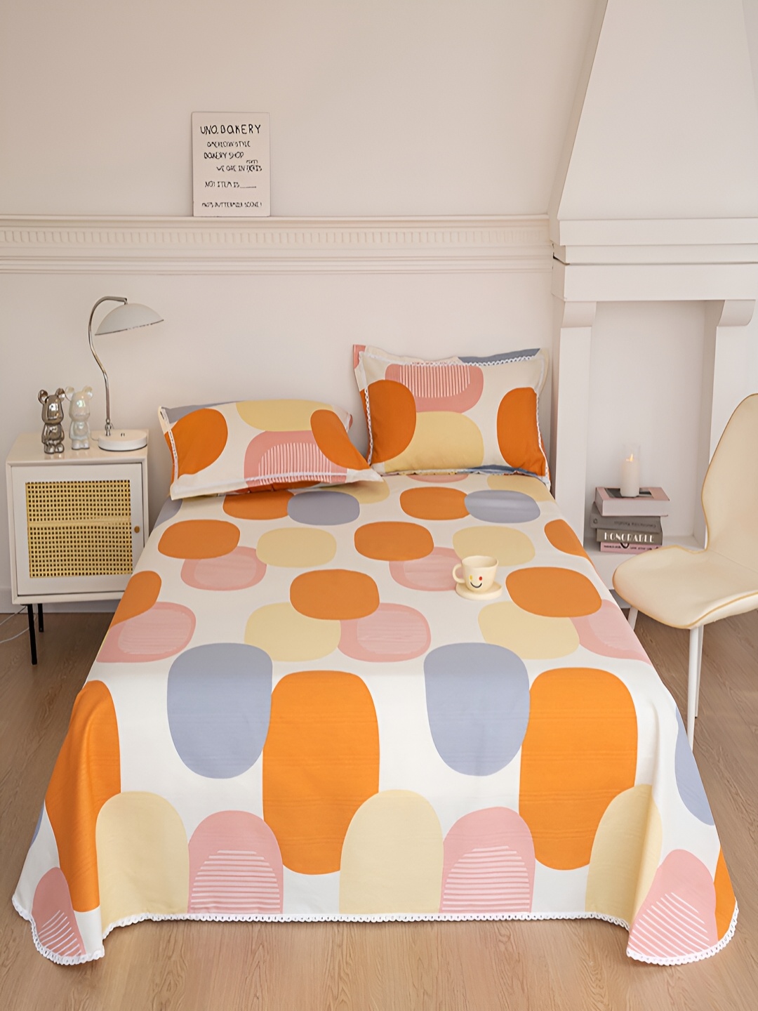 

JC HOME White & Orange Geometric 160 TC Single Bedsheet with 1 Pillow Covers