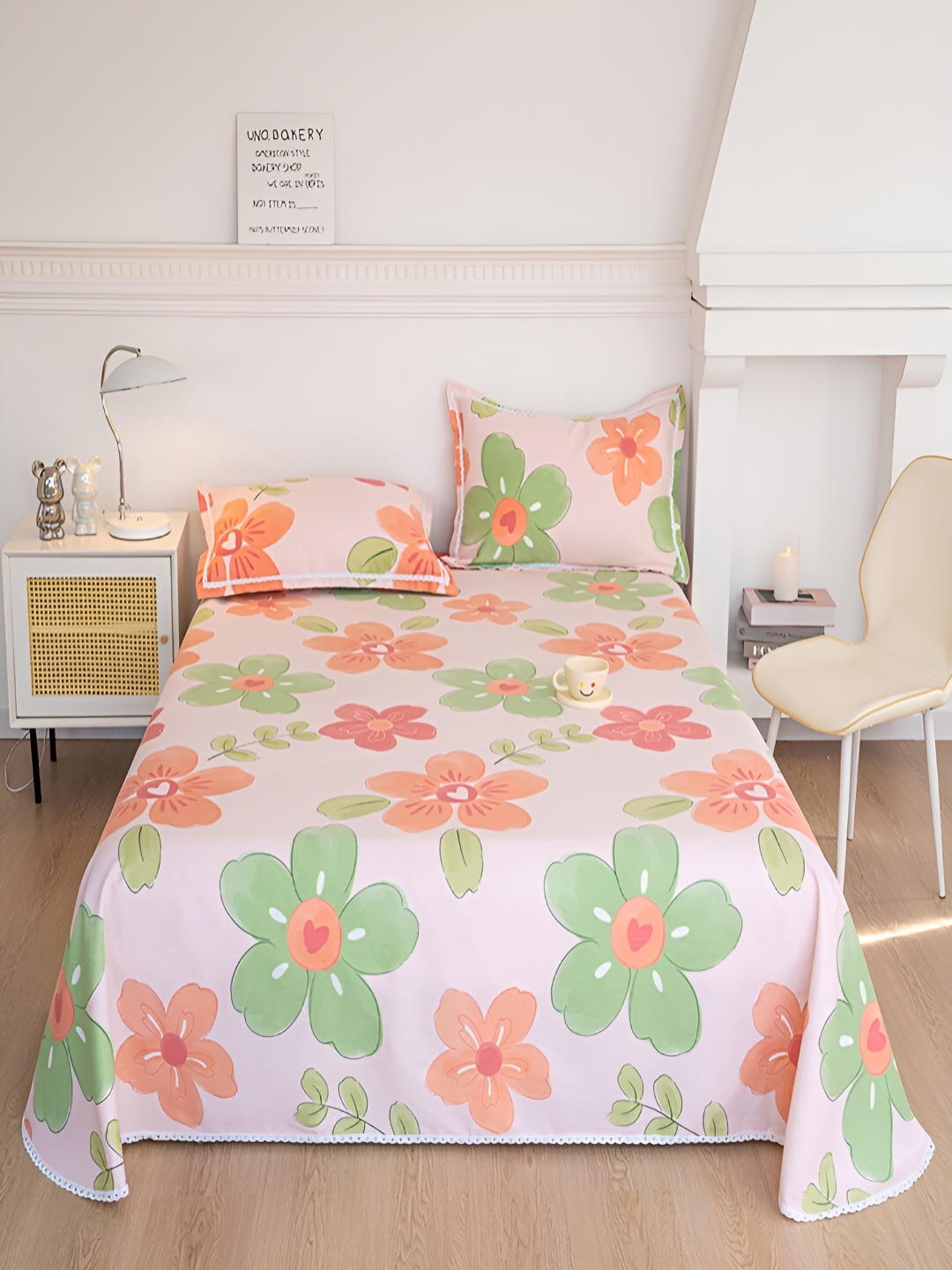 

JC HOME Pink & Green Floral 160 TC King Bedsheet with 2 Pillow Covers