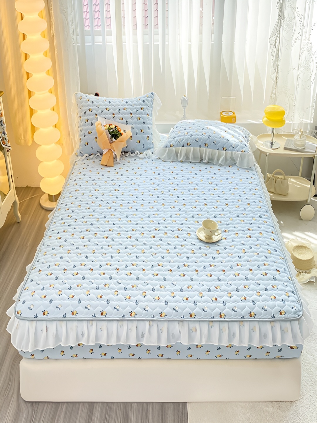

JC HOME Blue & Yellow Floral 160 TC Fitted King Bedsheet with 2 Pillow Covers
